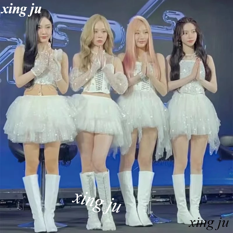 

Korean Women Group Kpop Outfits White Halter Crop Tops Sexy Mesh Short Skirt Women Jazz Costume Nightclub DJ Dance Stage Clothes