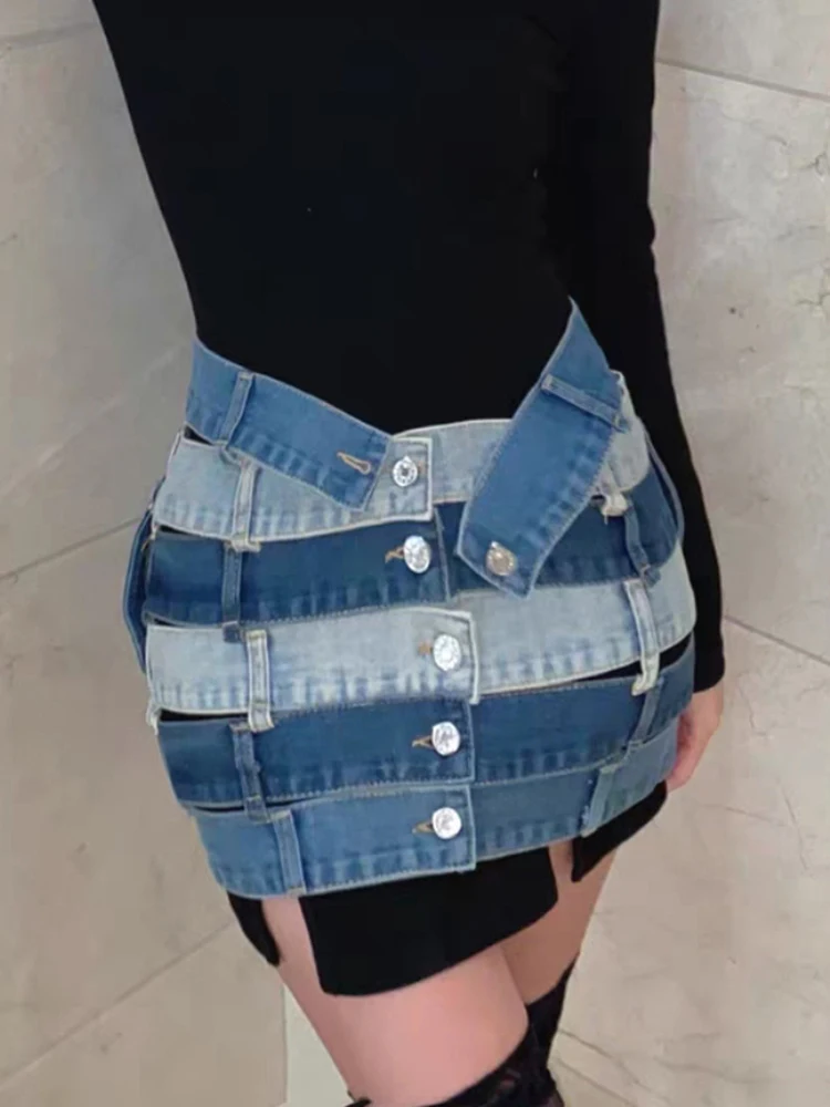 CHICEVER Cut Out Colorblock Skirt For Women High Waist Denim Asymmetrical Sexy Mini Skirts Female Clothing Style New 2022 Summer