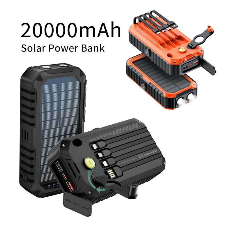 

20000mAh Hand Crank Solar Power Bank Dual USB 22.5W Fast Charging Powerbank with LED Camping Light for iPhone 16 Xiaomi Huawei