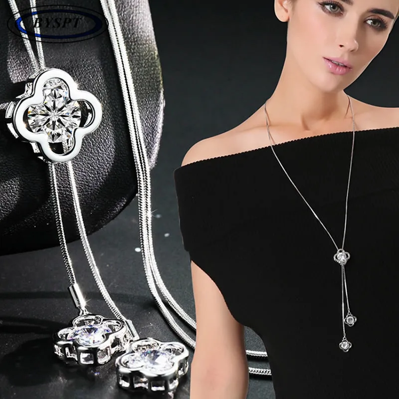 BYSPT Women Pendant Necklaces Hollow 4 Leaves Crystal Paragraph Sweater Chain Crystal Long Necklace Pendant