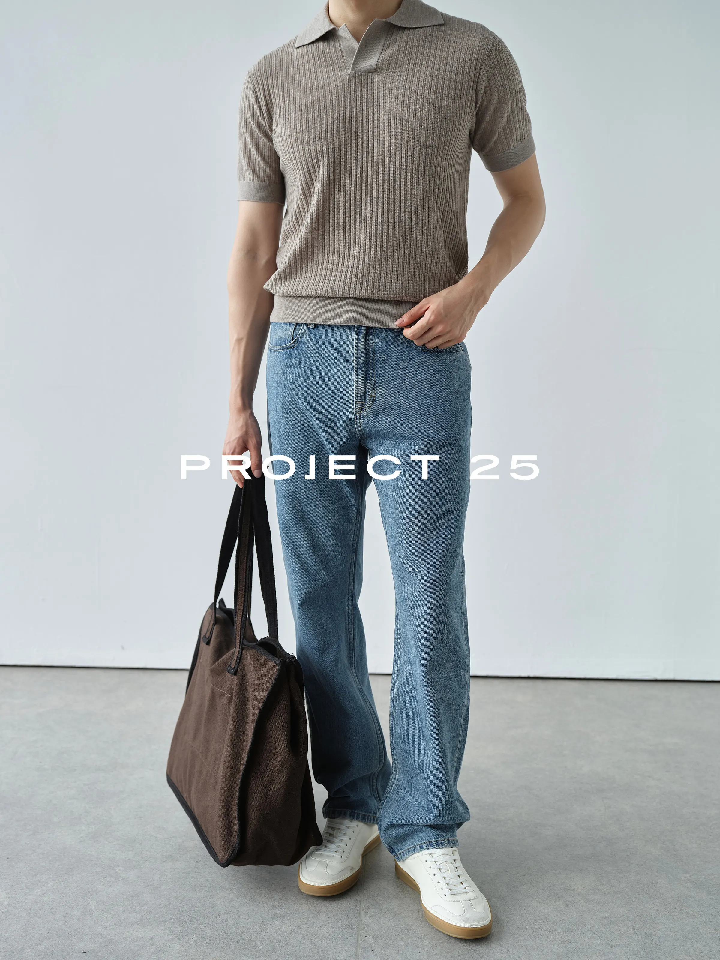 PROJECT 25 Men V Neck Knitted Polo Shirt 18 Gauge High Density Mercerized Wool Blend Lightweight Breathable Casual Top