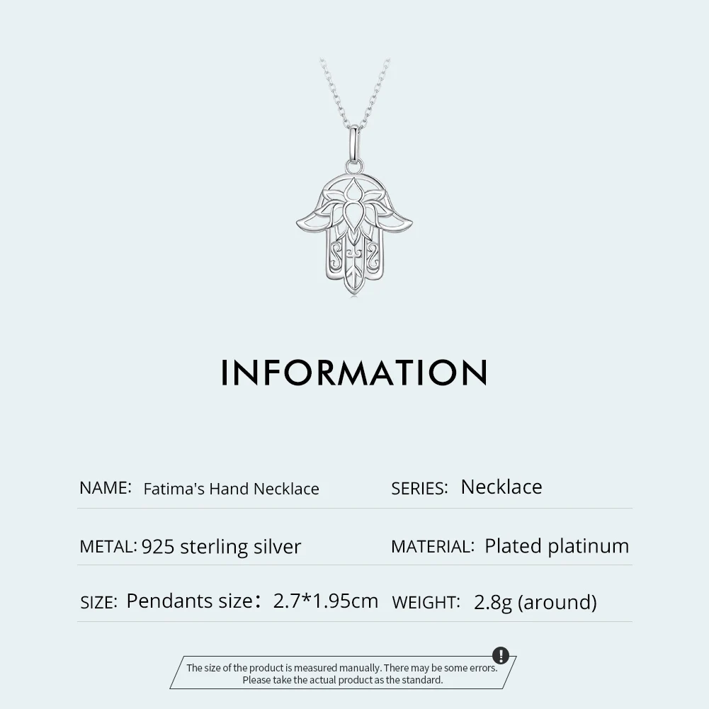 Bamoer 925 Sterling Silver Guardian Fatima's Hand Pendant Necklace Flower Pattern Neck Chian for Women Platinum Plated SCN490 image 4