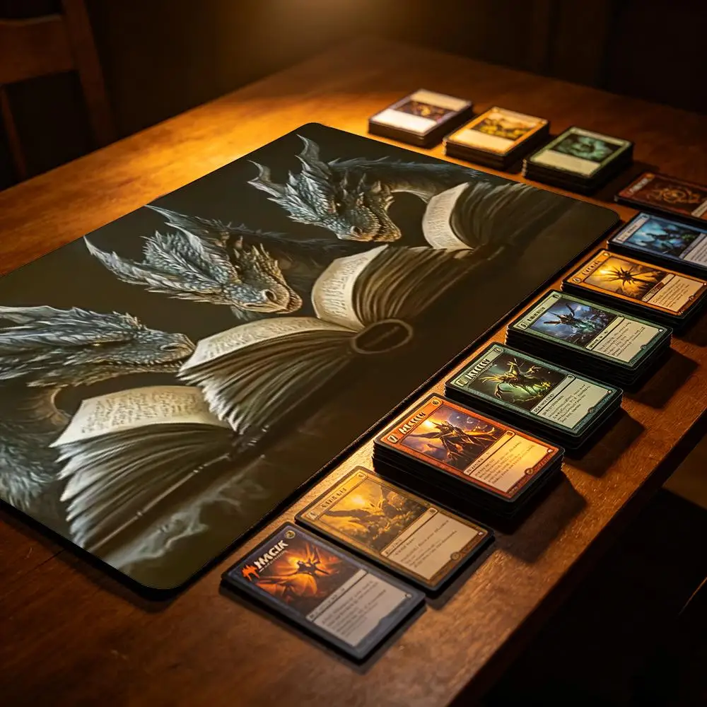14x24in Playmat Non-Slip Rubber Material Precision Lock Edge Keyboard Desktop Pad Card battle mats PC Accessories Dragon & Book