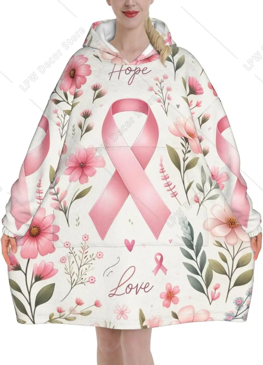 Adult Long Sleeve Flannel Hoodie Blanket Breast Cancer Ribbon Hope Soft Fuzzy Hooded Sweatshirt Lounging Pullover