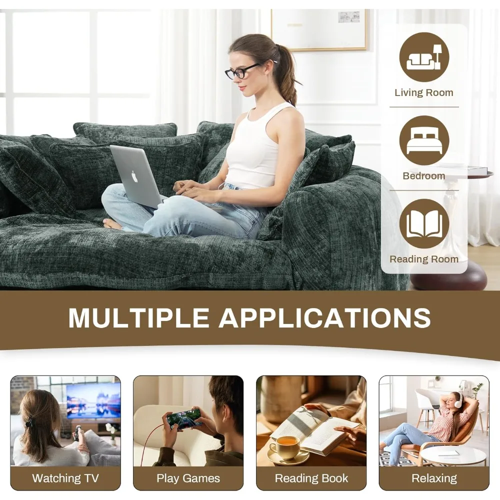 كرسي استرخاء مستدير كبير الحجم مقاس 81.1 بوصة، أريكة كيس فول كسول رقيق مع 14 وسادة، سرير نوم مريح منجد من الشنيل