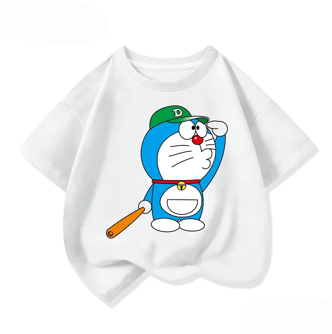 Kawaii Children Short Sleeve Tee Lovely Doraemon Print Soft Crew Neck Casual Daily Summer Outfit For Kids 3 To 14