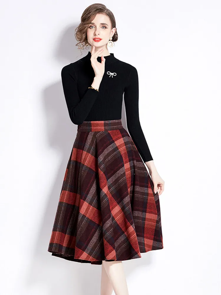 Fall Winter Women\'s Clothing Vintage Plaid Tweed  Skirt Suits Female New In Knitted Tops Matching Sets Woolen 2 Piece Sets Women