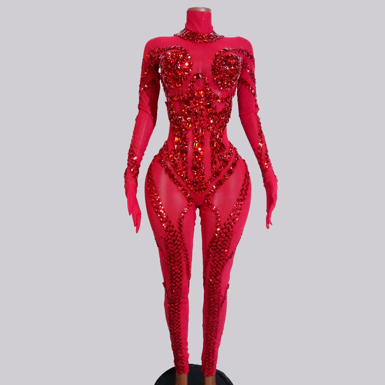 Showgirl เครื่องแต่งกายดูผ่าน Glitter สีแดง Rhinestone Jumpsuits Sequins Stage Club สวม Dance Performance Party Gogo ชุดลาก