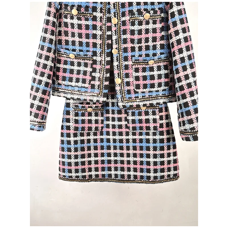 Cappotto a maniche lunghe scozzese Vintage francese da donna + minigonna abito in Tweed Casual Chic di alta qualità piccola fragranza Set da donna in due pezzi