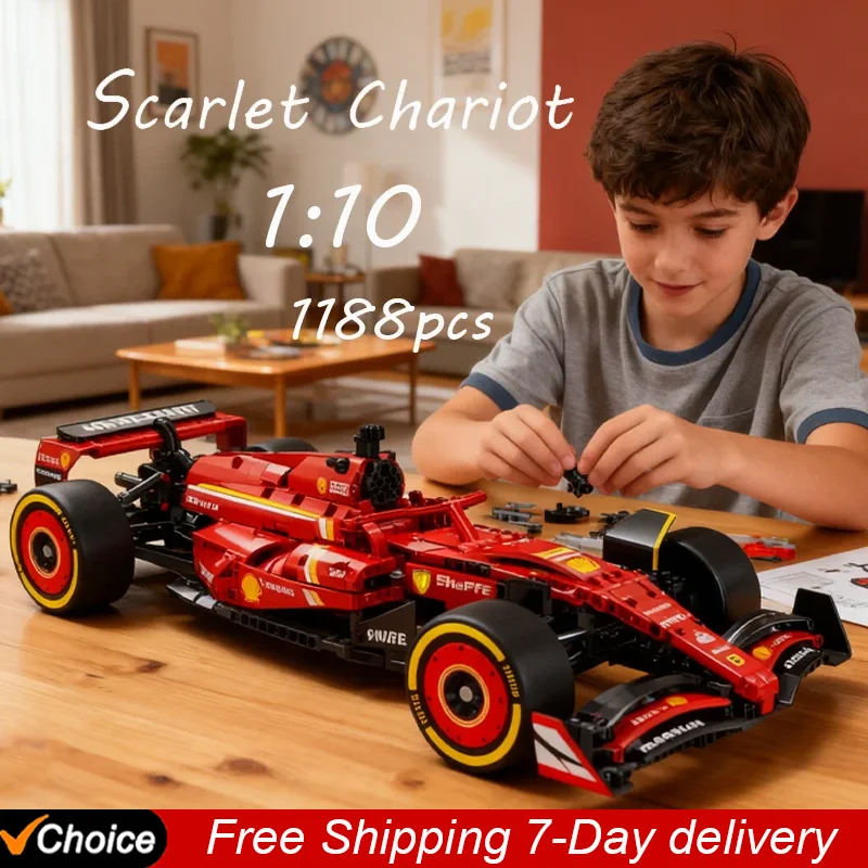 

Новый технологичный гоночный автомобиль Scarlet Chariot 1:10, набор MOC, сборные строительные блоки, модель автомобиля, игрушка, подарок для мальчика на день рождения или Рождество, 1188 деталей