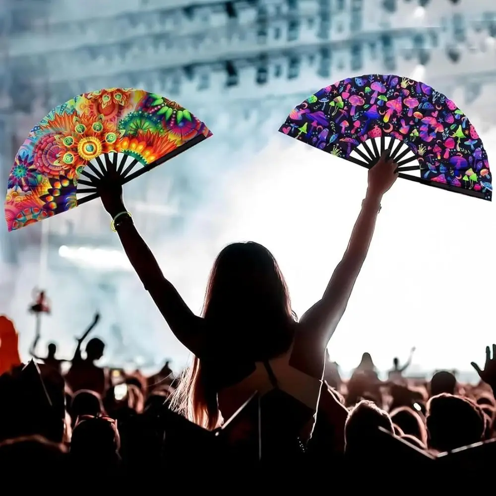 

UV Ink Printing Bamboo Fan PVC 33cm UV Fluorescent Folding Fan Lightweight Foldable Colorful Reflective Fan