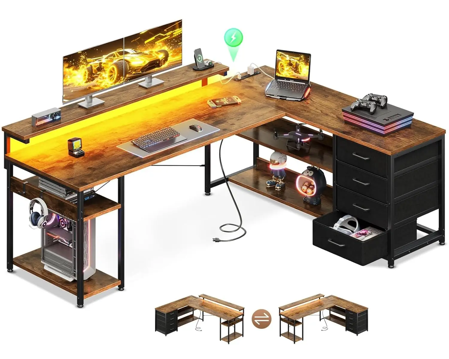 

61" L Shaped Desk with Drawer, Computer Desk with Power Outlets & LED Lights, Reversible Corner Gaming Desks for, Customized