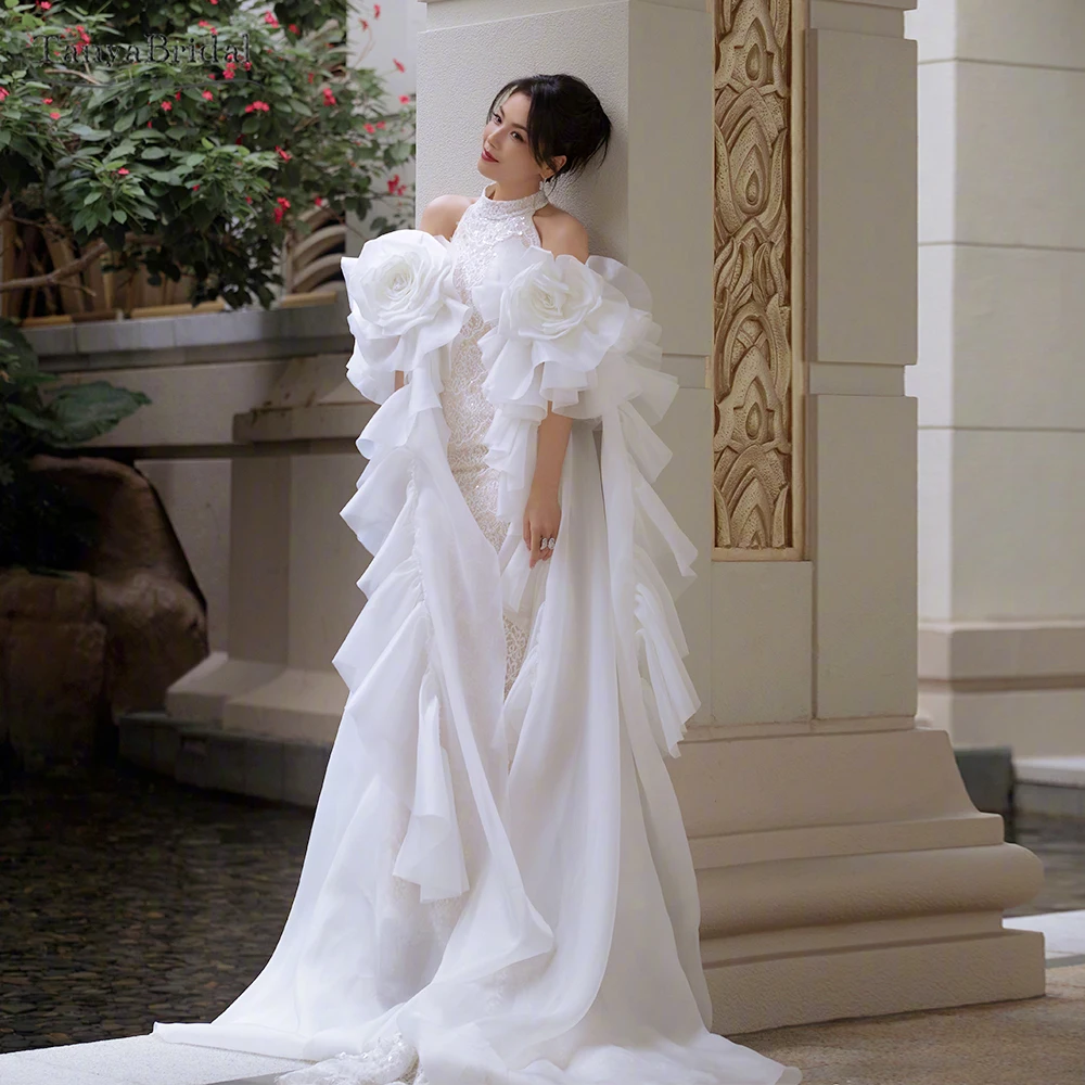 

Stunning Organza Satin Wedding Detachable Sleeves With Dramatic Ruffles Long Sleeves ,Beauty Flowers Gloves Chic DG311