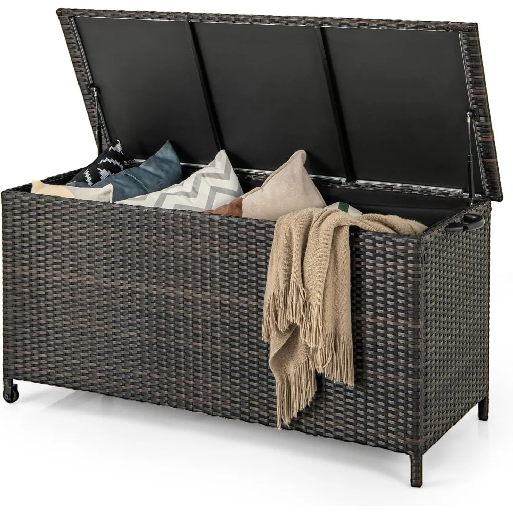

Rattan deck box, 85 gallon waterproof lined storage container with wheels and gas pillars, indoor and outdoor storage boxes