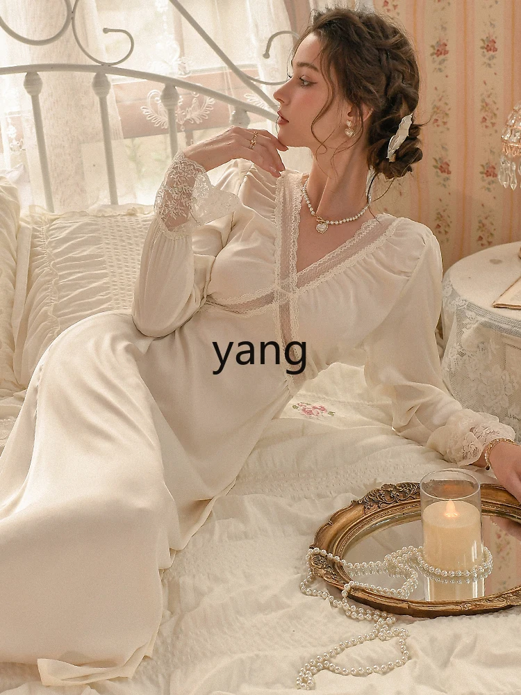 Yjq Che French pajamas women's summer ice lace court long-sleeved chest pad nightdress