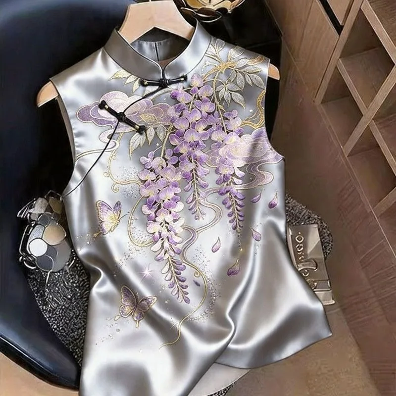 Improved Cheongsam New Chinese Spring Summer T-shirt Button Sleeveless Top Women's Clothing Retro Printing Thin Exquisite Simple