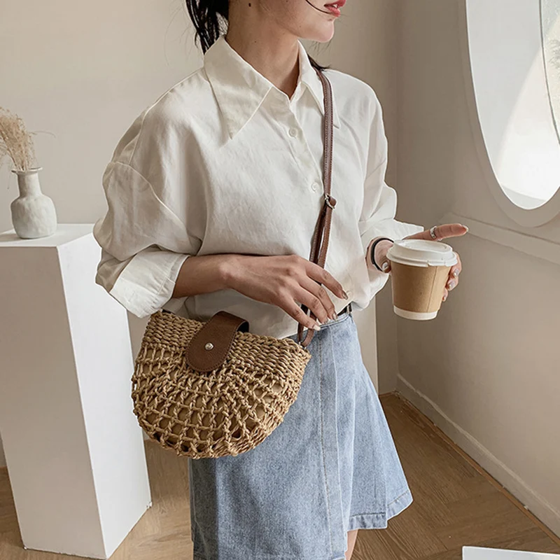 Yogodlns Sommer Stroh Tasche Für Frauen Mode Halbkreis Umhängetaschen Rattan Handgemachte Messenger Handtasche Reise Strand Taschen Tote – Detail 6