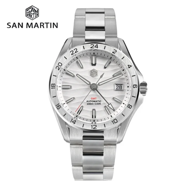 San Martin 남성용 럭셔리 비즈니스 원피스 GMT 시계, 39mm 사막 질감, NH34 자동 기계식 방수, 100m 야광 SN0129, 신제품