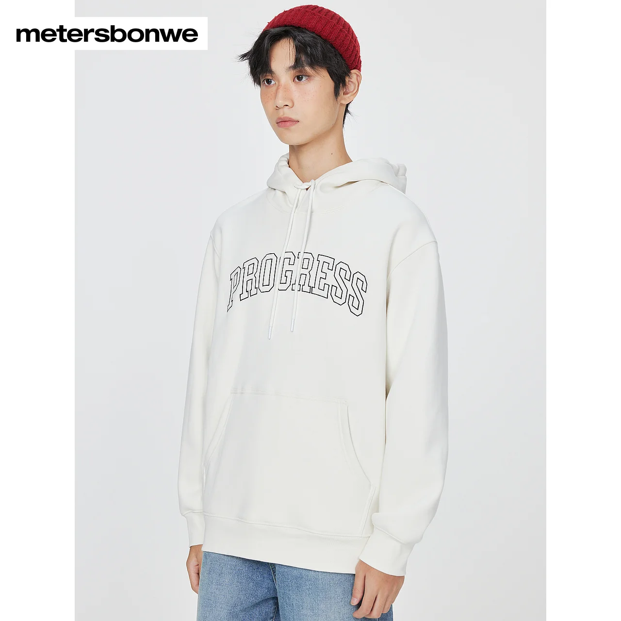 Metersbonwe-Men's Hooded Drawstring Design Fleece Chest High Quality Letter Embroidery Hoodie Casual Sport Warm Pullover Winter