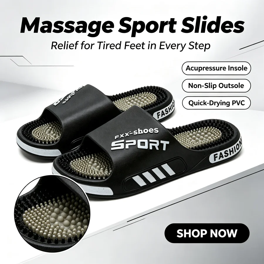 Sporty Massage Footbed Slides for Men, Black & White Striped Non-Slip Slippers, Comfortable Shower & Sandals with Textured Sole