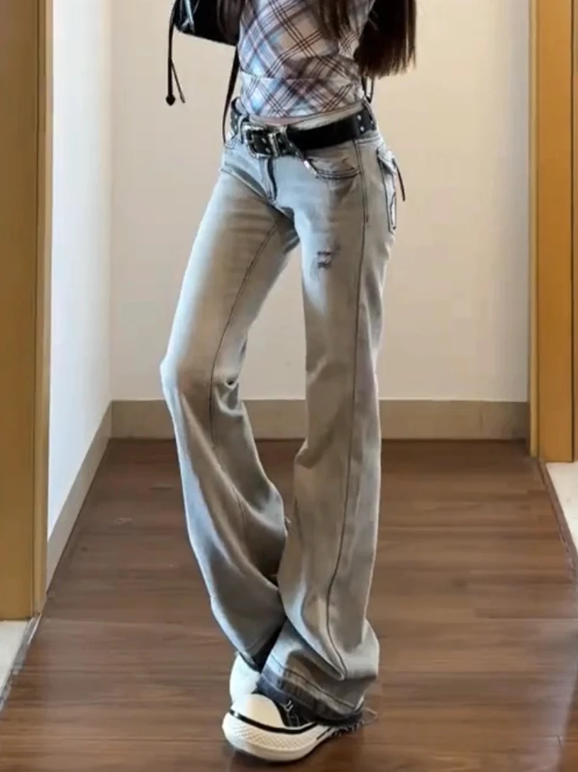 Women's Low Rise Jeans Embroidered Flared Denim Pants American Retro Y2k High Street Bell Bottom Jeans Harajuku 2000s Korean New