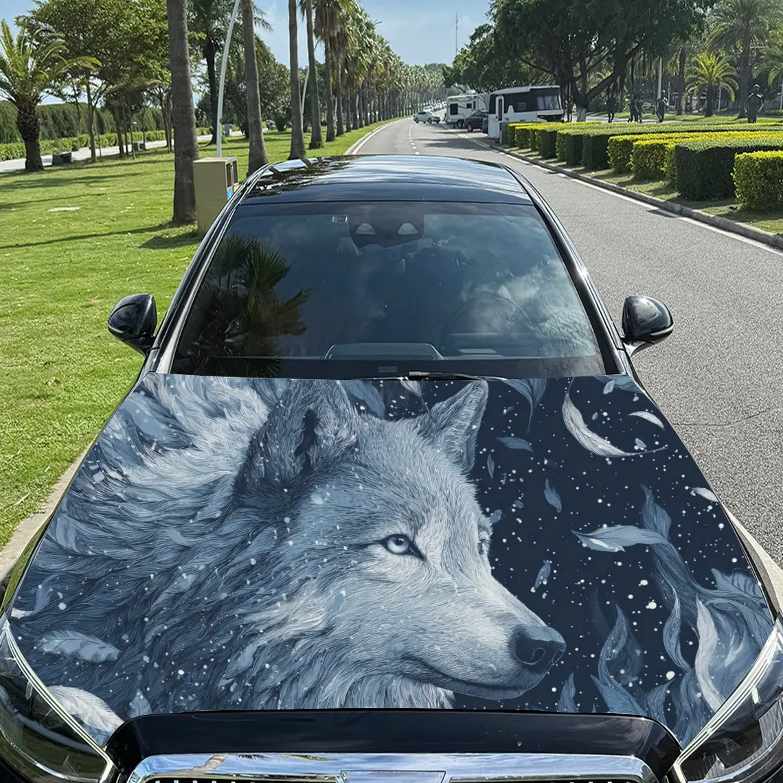 Car Decal Wolf in Starry Night-Themed Artistic Background & Wild-Celestial Visual Details Car Hood Sticker, Waterproof Self - Ad