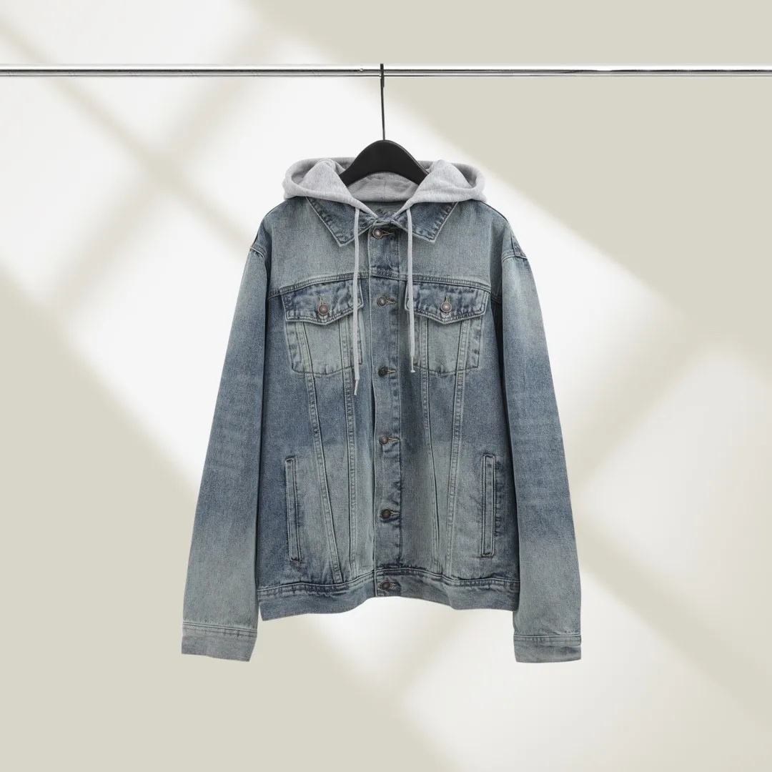 New spring heavy wash fake two-piece washed hooded letter print denim jacket unisex loose couple