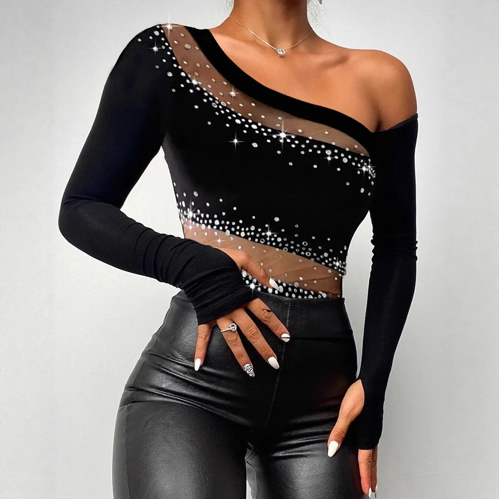 Sexy Off-Shoulder Long Sleeve Mesh Sequin Patchwork Tight Top for Nightclub Performance Chinese Style Bodycon Shirt Summer 2025