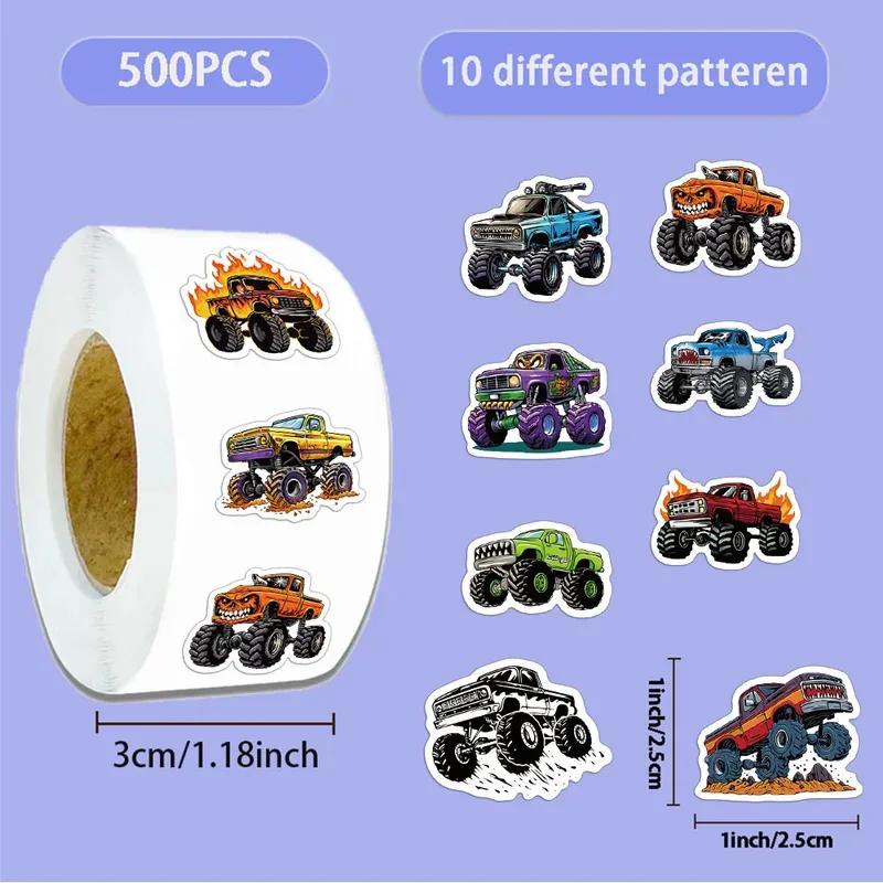 

500 шт., наклейки в рулонах Monster Truck, гоночные украшения, чехол для канцелярских принадлежностей, водонепроницаемые наклейки на холодильник