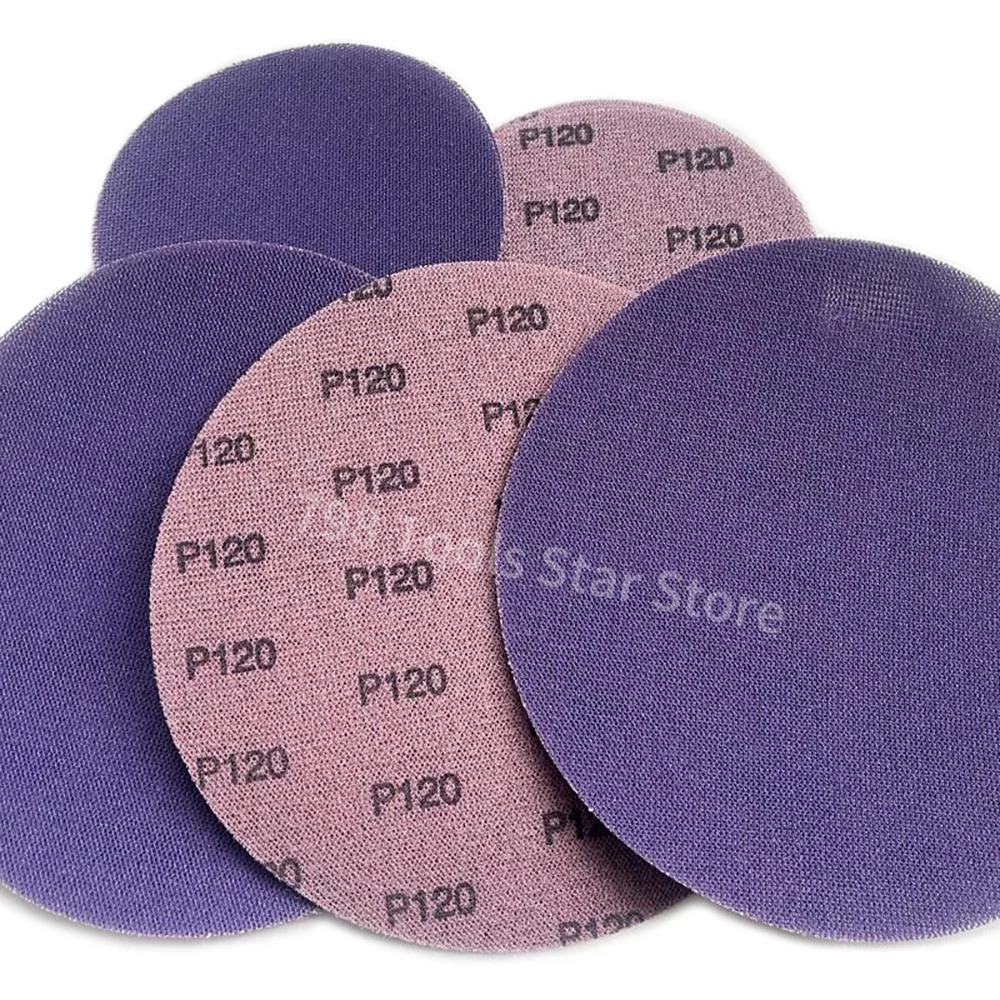 50PCS 5 Inch/125mm Ceramic Mesh Sandpaper, Dustless Hook & Loop Backing Purple Sanding Discs for Drywall,Wood, Automotive Paint