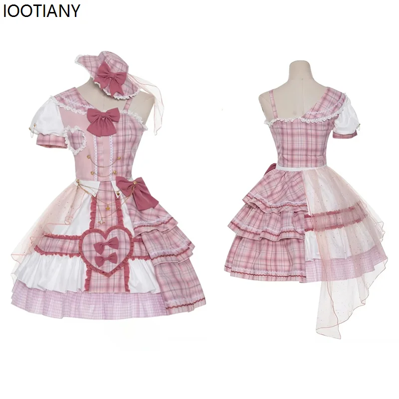 

Women Sweet Cute Lolita Princess Dress Japanese Idol Hit Song Pink Plaid Dresses Asymmetric Short Skirt And Top Set Dress Up New