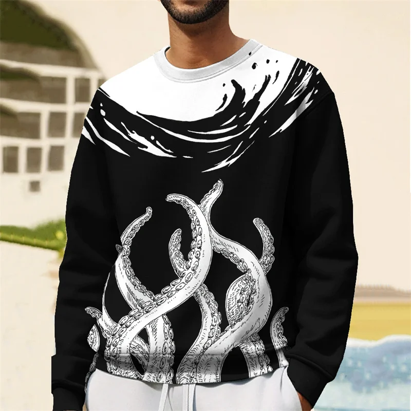 Tentacle Pattern Hoodie For Men Sea Animal 3D Printed Pullover Autumn Street Long Sleeve Loose Sweatshirt Round Neck Hoodies Top