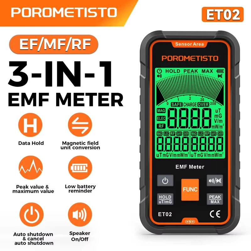

ET02 3-in-1 Electromagnetic Radiation Tester Handheld EMF Meter Portable Digital with Mute Function Type-C Sound Alarm RF/EF/MF