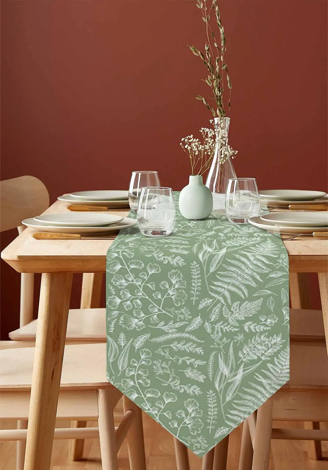 Sage Green Fern Leaves Table Runner Holiday Party Tablecloth Kitchen Dining Table Runners Wedding Decorations