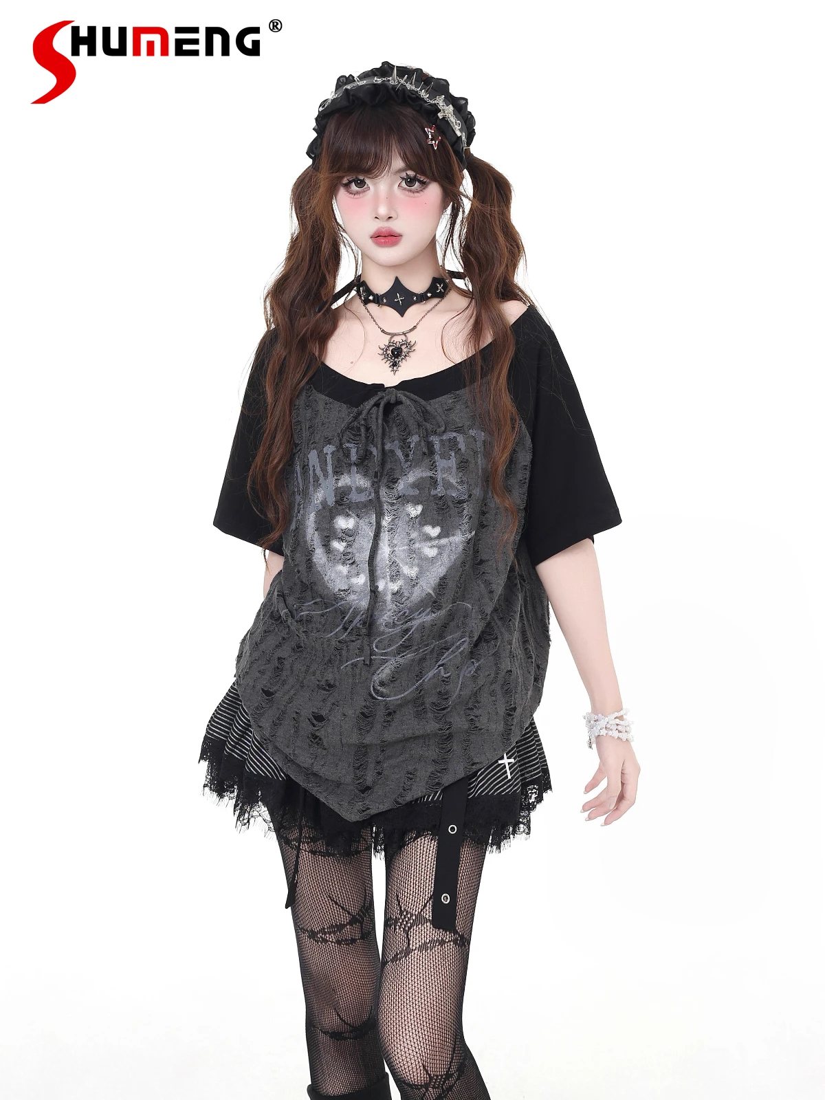 

Fashion Street Dark Subculture Sweet Cool Girl Y2K Tops Lace-up Bow V-neck Short Sleeve Ripped Loose Tees T-shirt Women Summer
