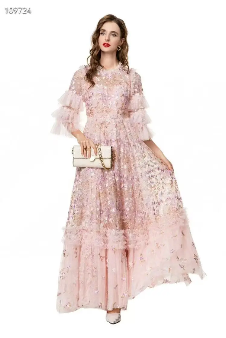 Outono novo o-pescoço estilo de fadas requintado folha de lótus borda emenda em camadas pétala manga cintura alta bordado vestido longo feminino