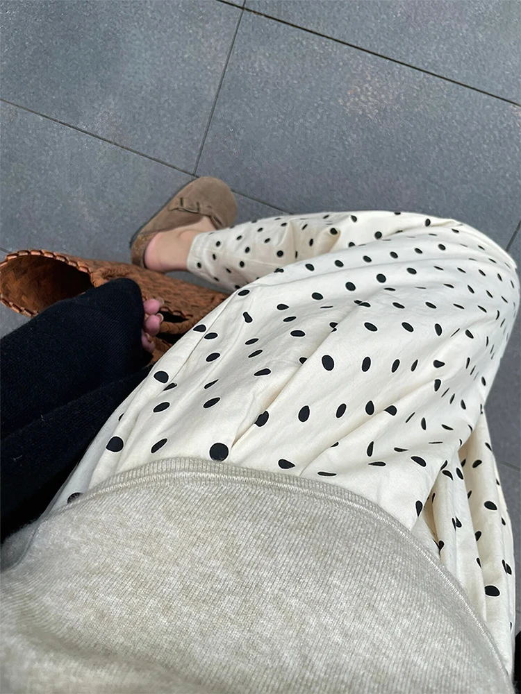 Japanese Style Cotton Linen Polka Dot Casual Straight Leg Pants Women Summer Thin Elastic Waist Draped Small Size Wide Leg Sa...