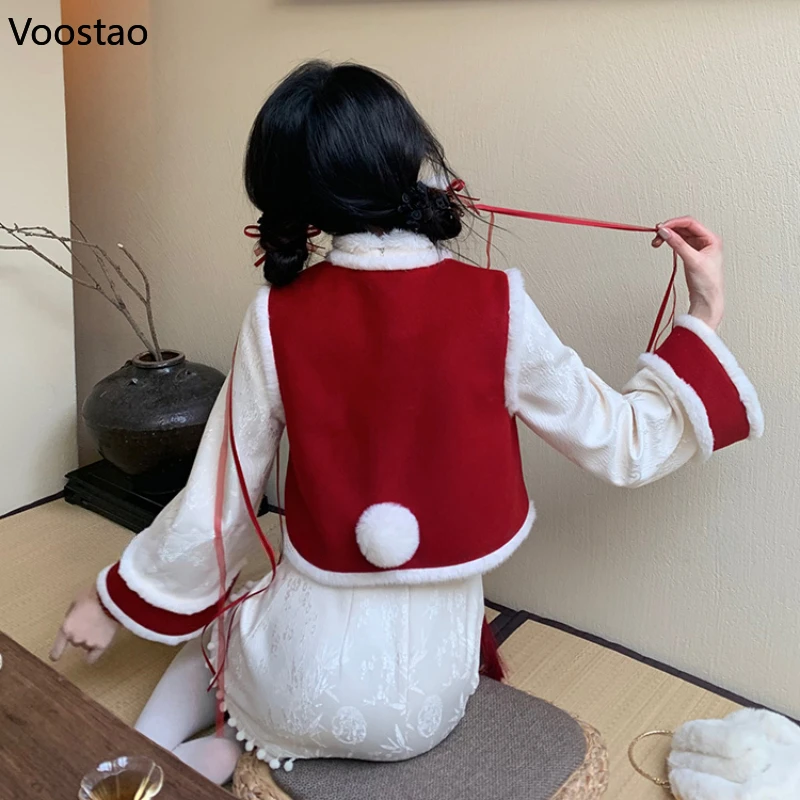 Chinese Style Lolita Dress Set Women Vintage Rabbit Embroidery Red Vest Mini Dress Suit Female Sweet Waistcoat Cheongsam Dresses