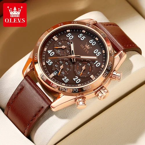 Imagen 2 del producto OLEVS TY703, reloj de cuarzo exclusivo para hombre, correa de cuero de moda, cronógrafo clásico, calendario, reloj luminoso resistente al agua para hombre