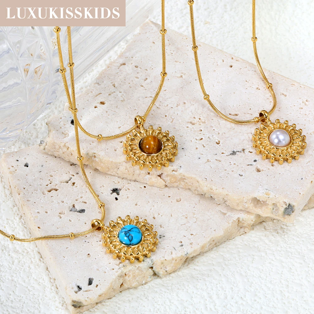 LUXUKISSKIDS Gold Plated Weave Chain Necklace Bracelets Set Fashion Round Stone Jewelry Sets for Woman Wedding Party Accesories