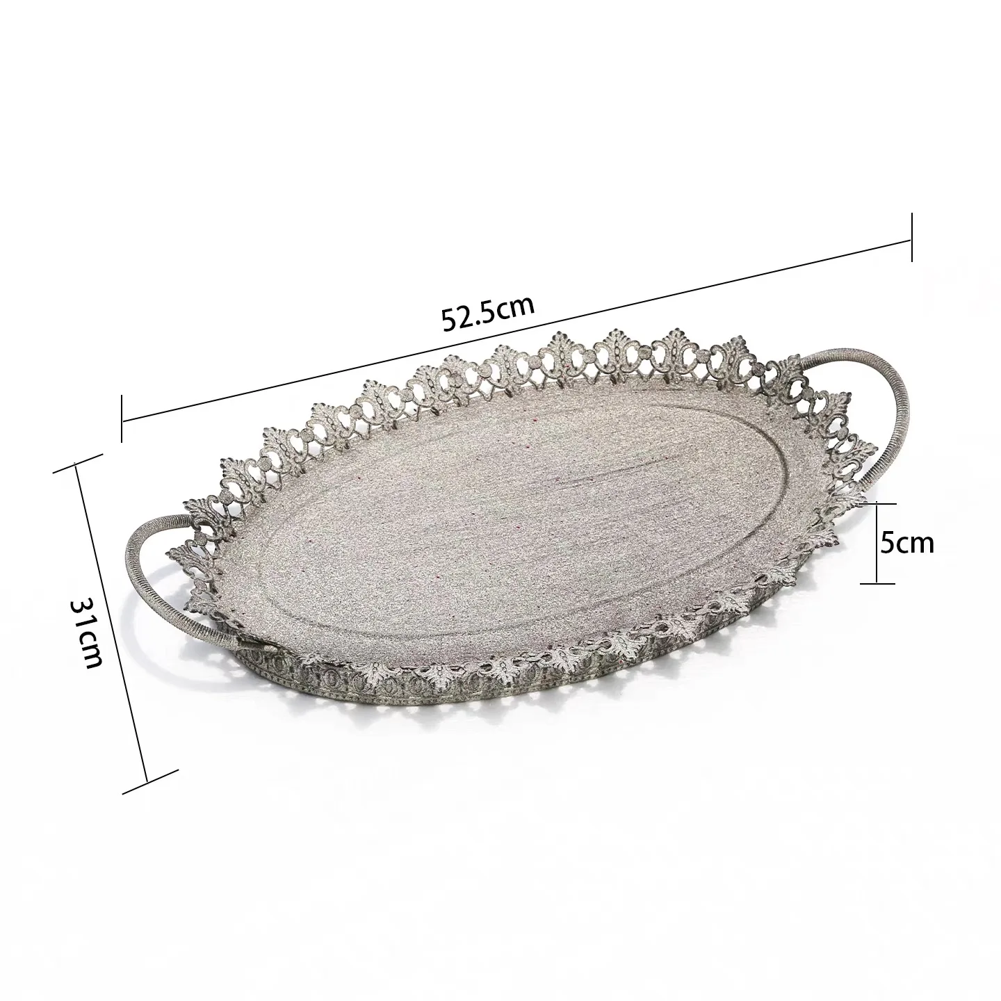 Decorative Oval Serving Tray with Handles, Vintage Iron Metal, Ornate Lace Edge Design, 52.5cm x 31cm x 5cm