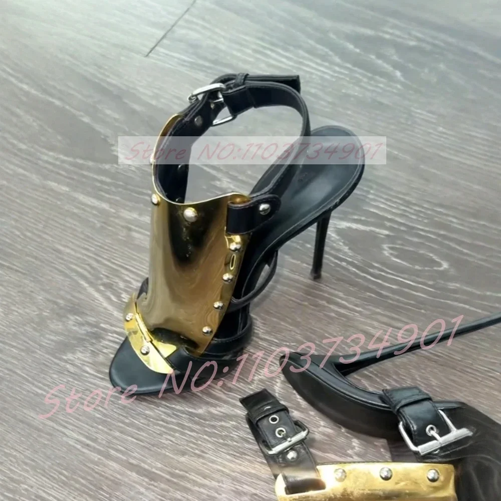Rivets Belt Buckle Strap Mirrored Sandals Women Sling Back Open Toe Rome Style High Heels Female Party Sexy Luxury Sandals view 5