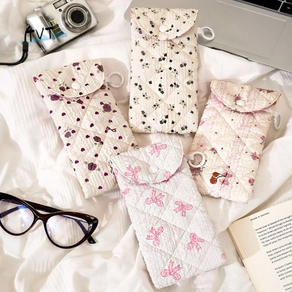 

Simple Portable Cloth Printed Glasses Bag Flower Bow Glasses Storage Bag Korean Style With Keyring Cotton Glasses Case Female