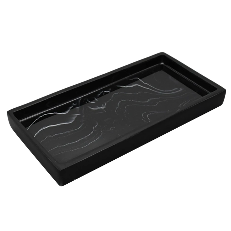 Marble Pattern Resin Tray Non Slip Rectangular Plate Countertop Bathroom Soap Shampoo Storage Tray Home Decor Durable ,Black