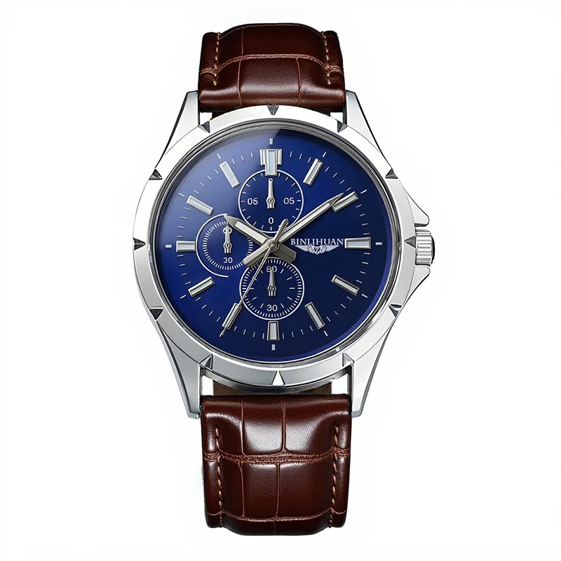 Men Chronograph Quartz Watch, Blue Dial Brown Leather Strap Waterproof Business Wristwatch for Male view 2