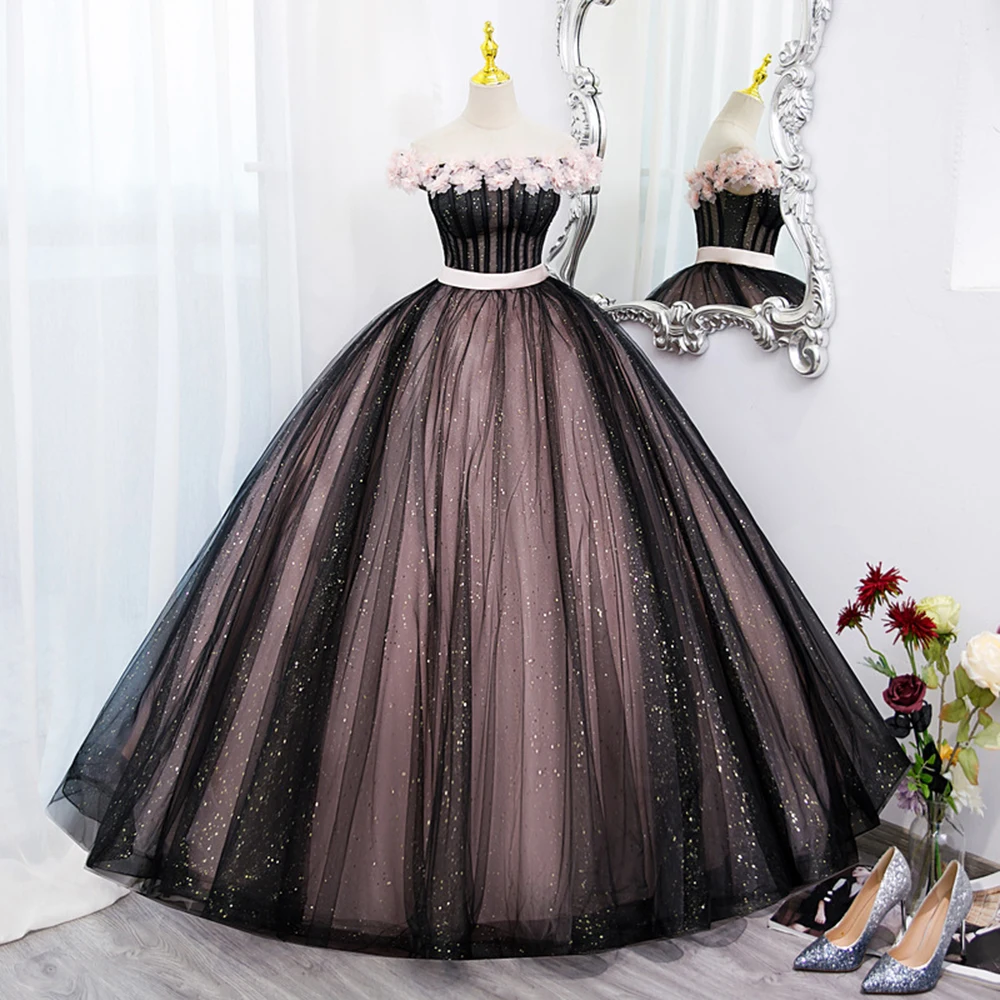 

Light Luxury Black Pink Evening Dresses Sweet Appliqued Off Shoulder Sleeveless Prom Gown Elegant Long A-Line Princess Vestido