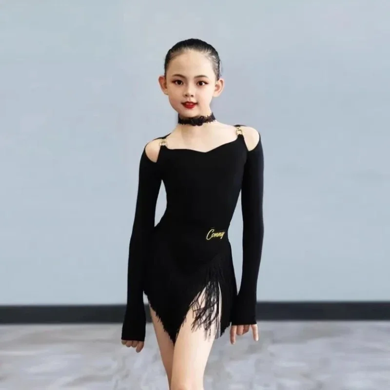 Kinderen Meisjes Latin Dans Uniform Lange Mouw Mesh Competitie Jurk Grading Split Pak Vrouwen Ballroom Dancewear Kostuums