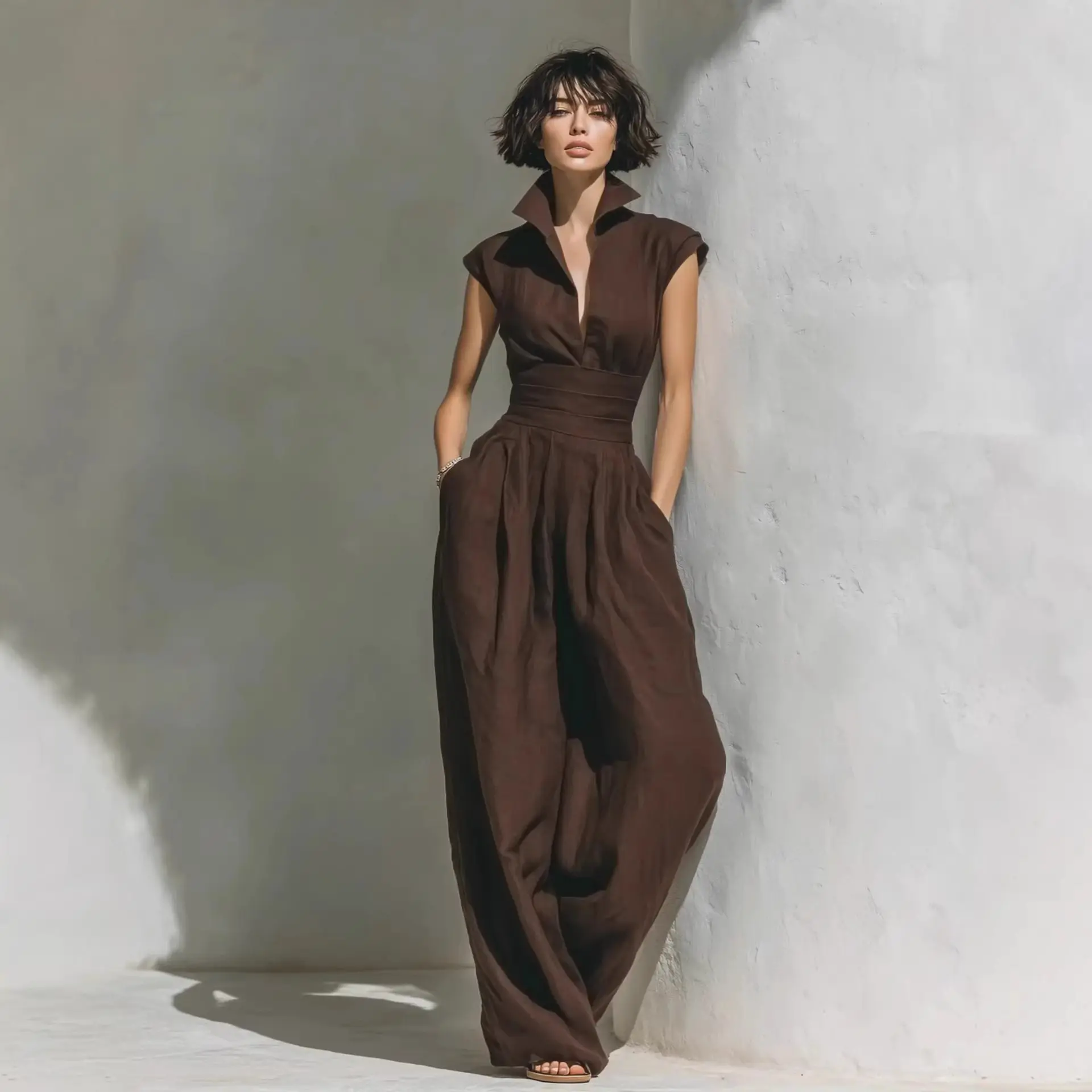 Stand Collar High Waist Pockets Romper Summer Sexy Low Cut Sleeveless Bodysuits Casual Elegant Women's Party Vacation Jumpsuits