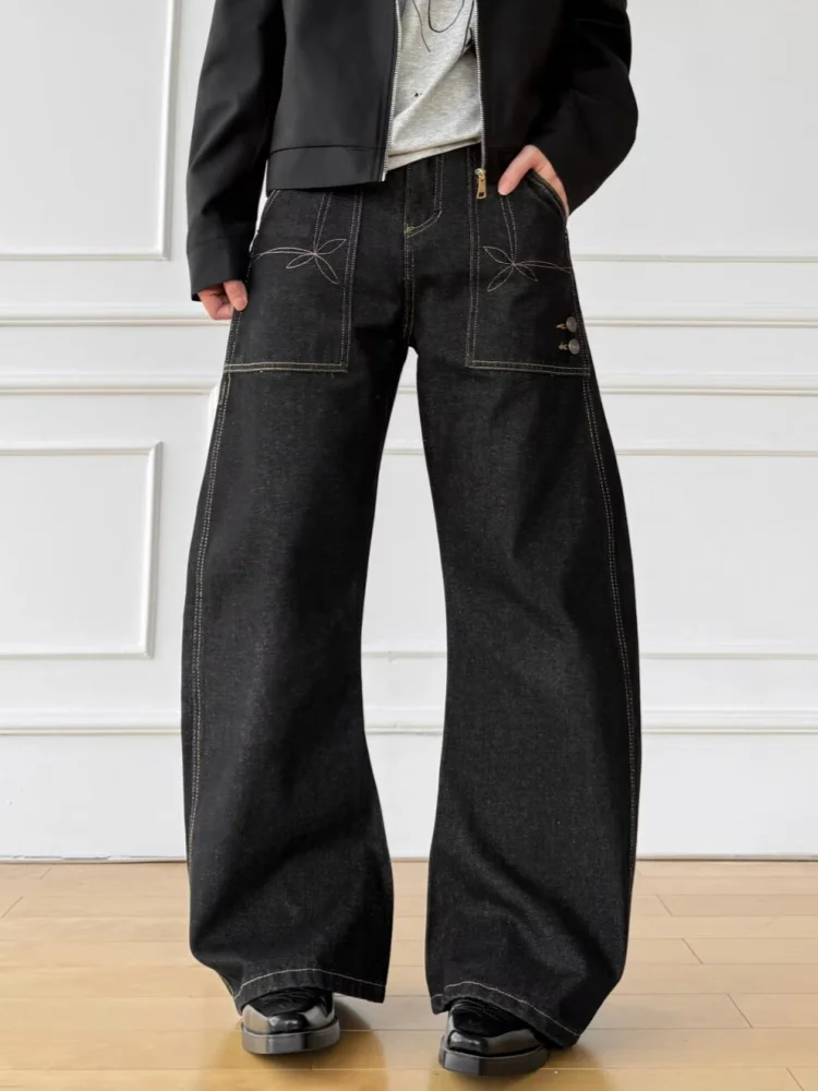 2026 Ropa Y2K Fashion Flower Embroidery Black Baggy Jeans Pants For Men Clothing Straight Casual Denim Trousers Pantalon Hombre