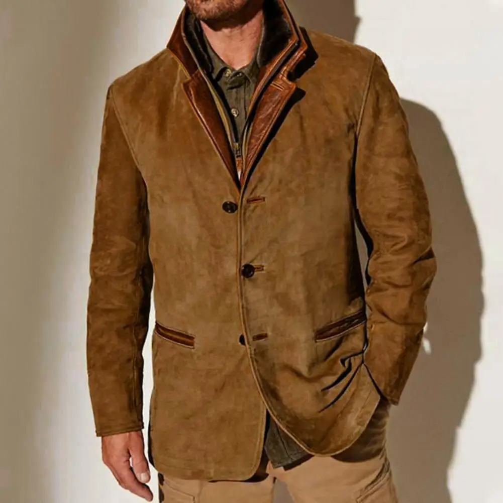 Veste d'hiver patchwork rétro pour hommes, faux cardigan à simple boutonnage, manches longues, optique, peluche, manteau grande taille, faux deux pièces, poches